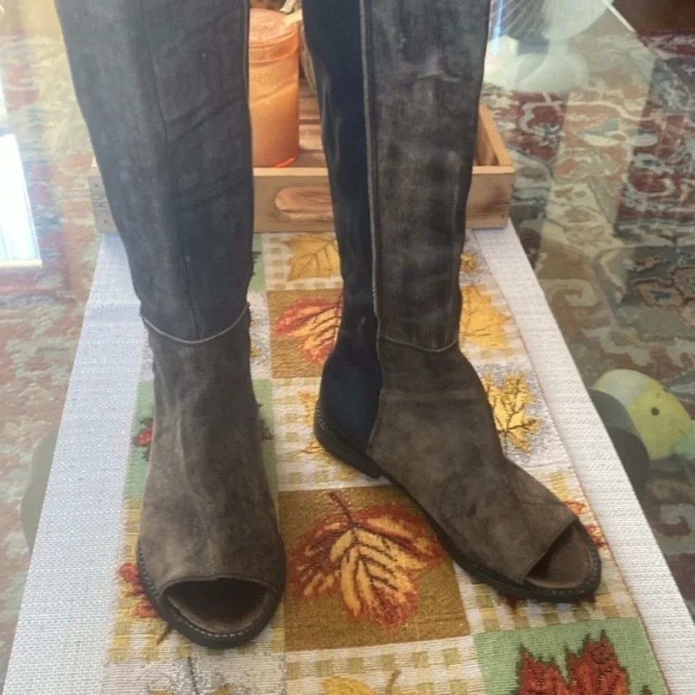 Charcoal Open-Toe Knee-High Boots